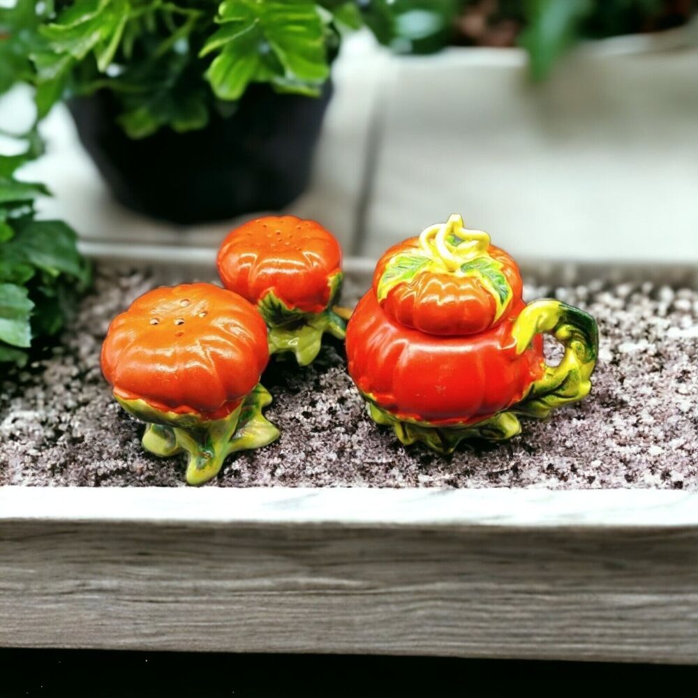 Vintage Hand-Painted Mini Pumpkin Salt & Pepper Shakers with Sugar Bowl, Japan